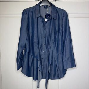 Kaari Blue Top Womens Large Navy Ruffle Trim Long Sleeve Collared Button Down‎